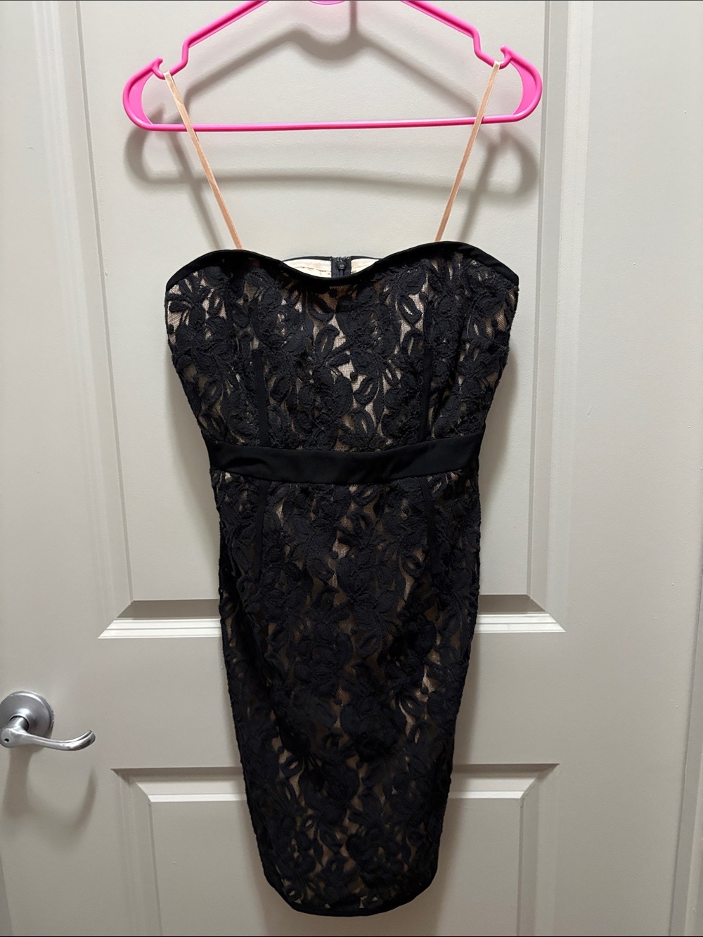LOFT Black Floral Lace Strapless Sheath Dress with Nude Lining